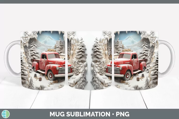3D Winter Wall Vintage Truck Mug Wrap Sublimation Coffee Cup