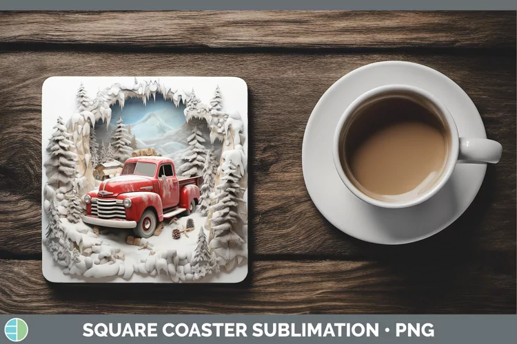 3D Winter Wall Vintage Truck Square Coaster Sublimation Coas