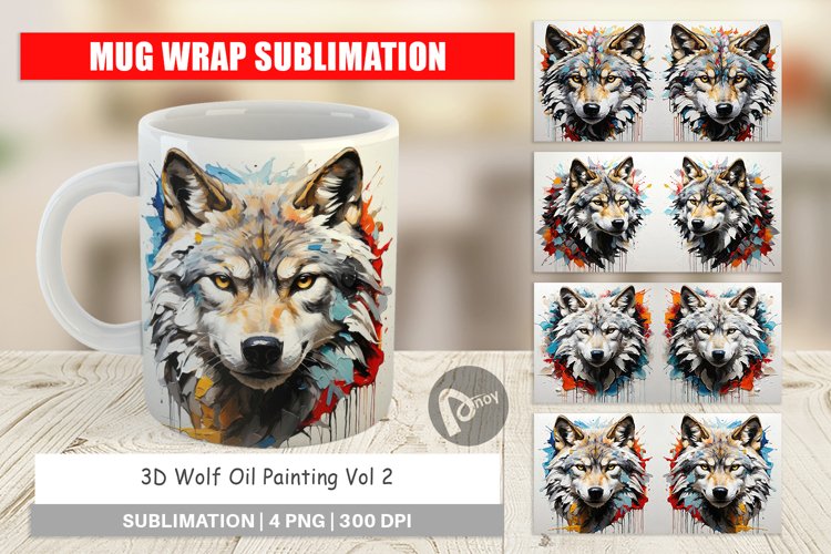 Mug Wrap Design 3D Wolf Painting