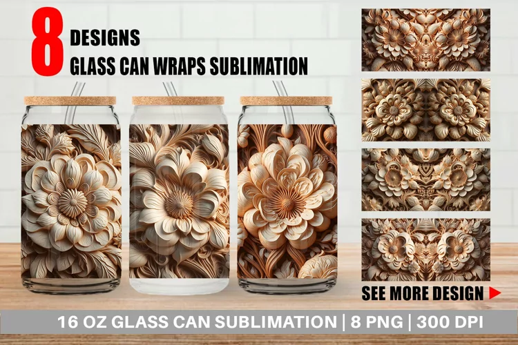 3D Wood Carving Floral Glass Can Wraps