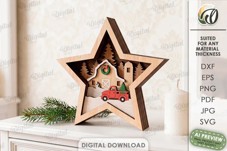 Layered Christmas Star Laser Cut. Standing Decor SVG