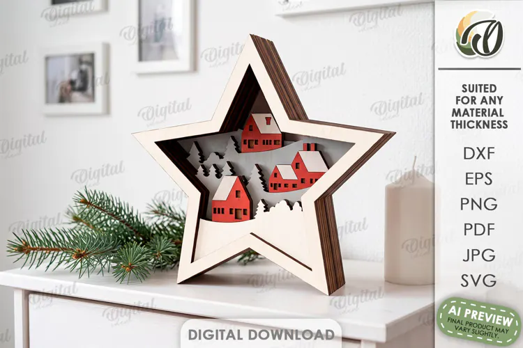 Layered Christmas Star Laser Cut. Standing Decor SVG