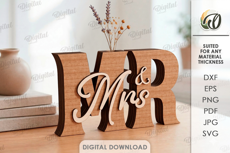 3D Word stand decor Laser Cut. Mr and Mrs SVG. Flower holder