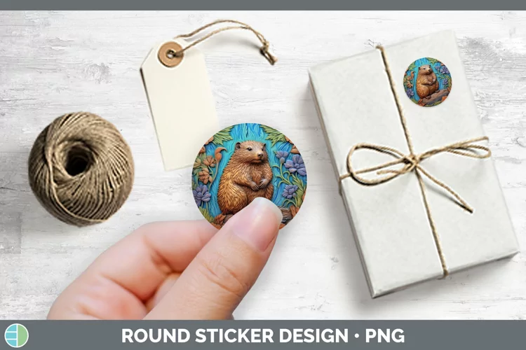 3D Woodland Animals Beaver Stickers | Round Labels Designs