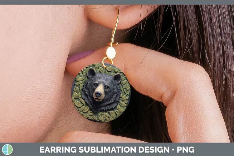 3D Woodland Animals Black Bear Round Earrings Sublimation Ea