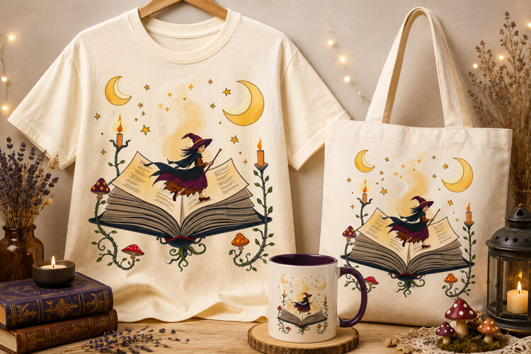 Witch on Magical Book PNG | Moon & Stars Halloween Clipart example image 1