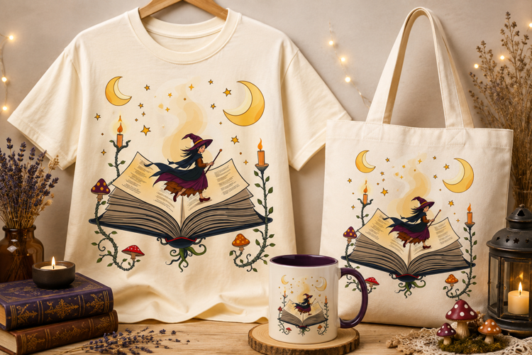 Witch on Magical Book PNG | Moon & Stars Halloween Clipart