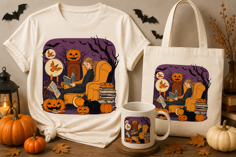 Halloween Reading Woman PNG | Cozy Books, Pumpkins & Cat