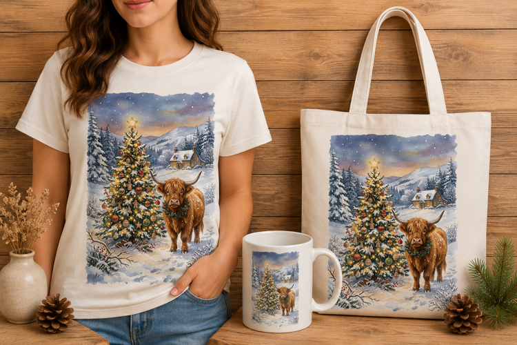 Highland Cow Christmas Tree Winter Watercolor Art PNG