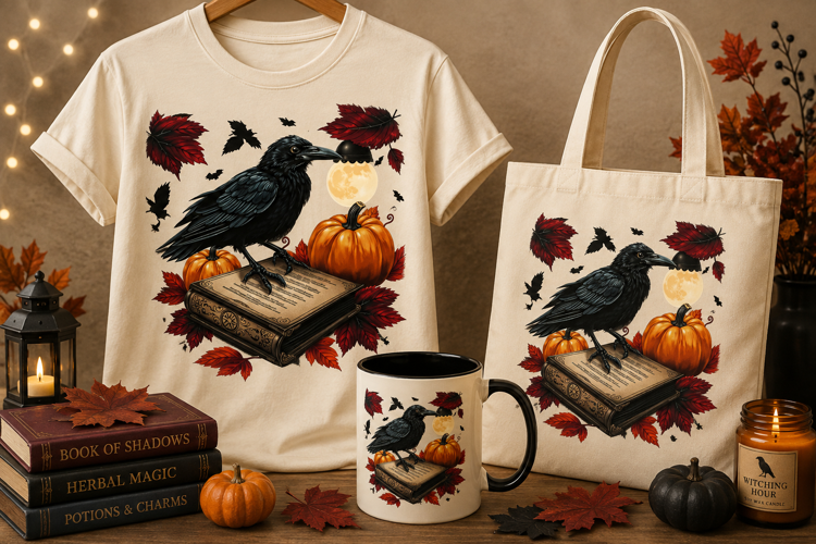 A dark and atmospheric Halloween raven PNG featuring a majes