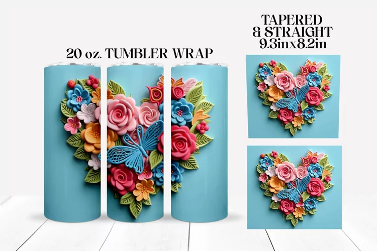 3D Floral Butterfly Tumbler Wrap Sublimation Design