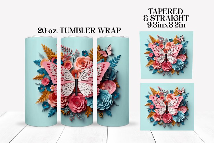 3D Floral Butterfly Tumbler Wrap Sublimation Design