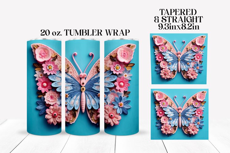 3D Floral Butterfly Tumbler Wrap Sublimation Design