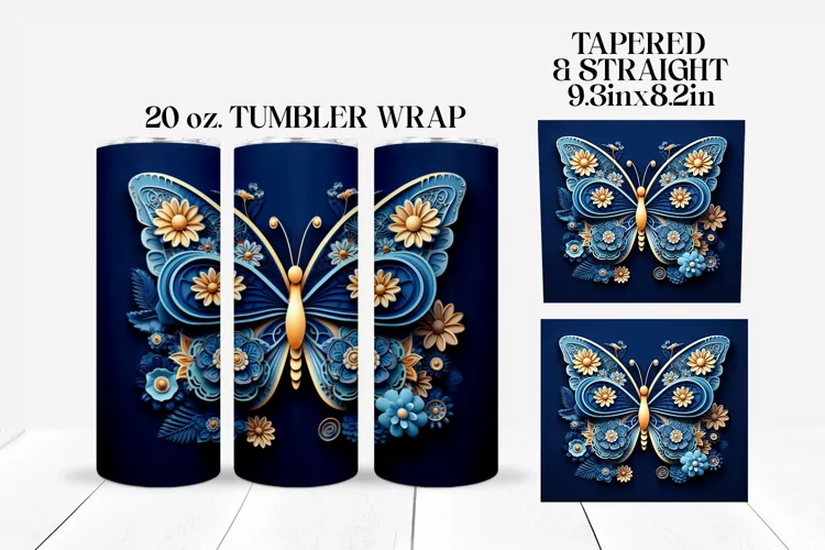 3D Floral Butterfly Tumbler Wrap Sublimation Design
