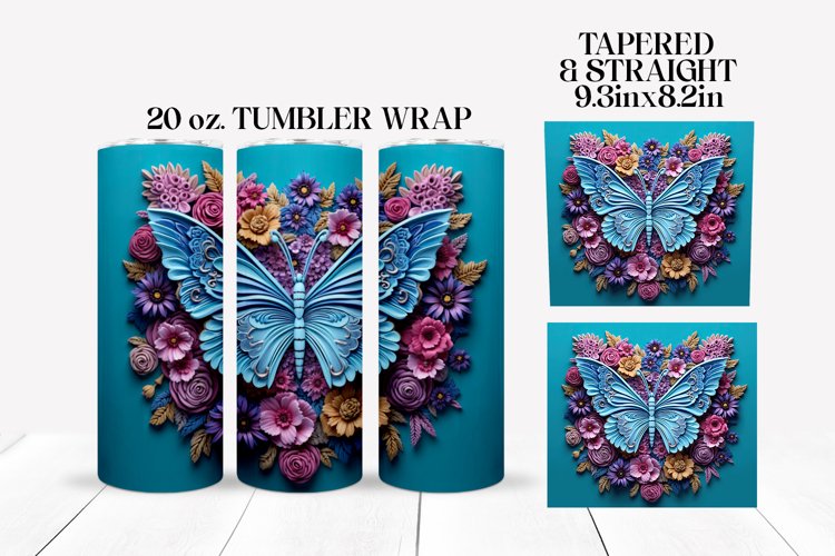 3D Floral Butterfly Tumbler Wrap Sublimation Design