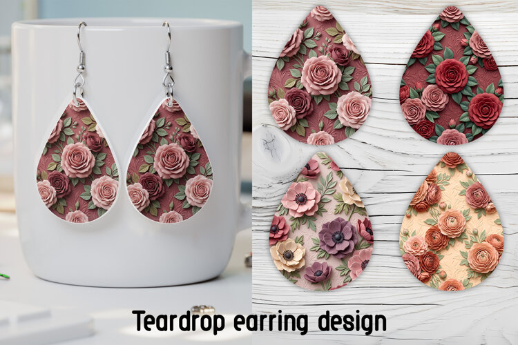 3D Floral Teardrop Earring Sublimation PNG | Flower earring example image 1