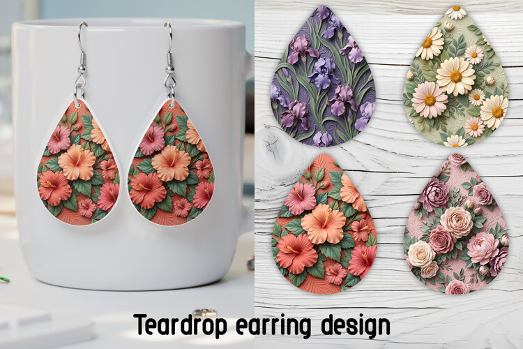 3D Flower Teardrop Earring Sublimation PNG example image 1