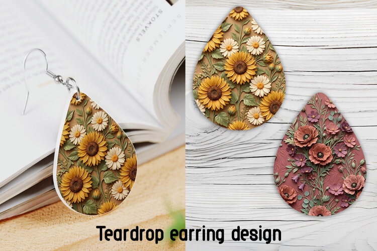 Sunflower Floral Teardrop Earring Sublimation PNG example image 1