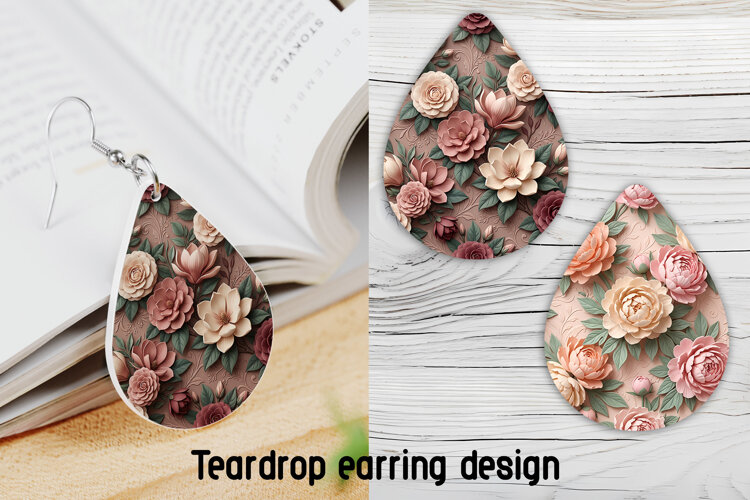 Romantic Floral Teardrop Earring Sublimation PNG example image 1