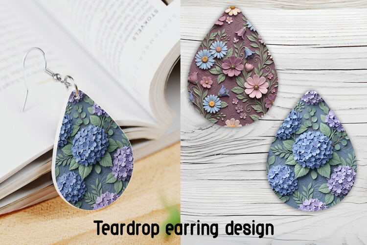 Hydrangea Floral Teardrop Earring Sublimation PNG example image 1