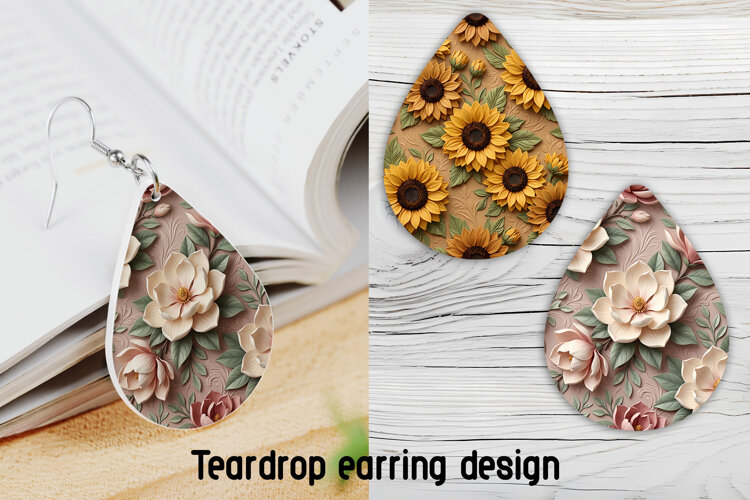 Sunflower Magnolia Teardrop Earring Sublimation PNG example image 1