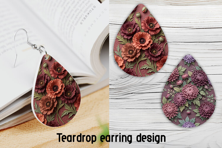 Poppy Chrysanthemum Teardrop Earring Sublimation PNG example image 1