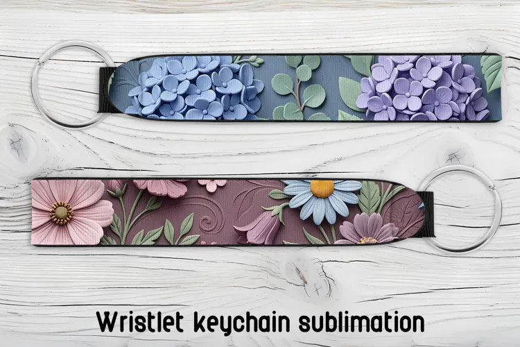 Blue Lavender Floral Wristlet Keychain PNG
