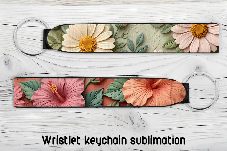 Coral Teal Floral Wristlet Keychain PNG