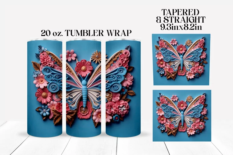 3D Floral Butterfly Tumbler Wrap Sublimation Design