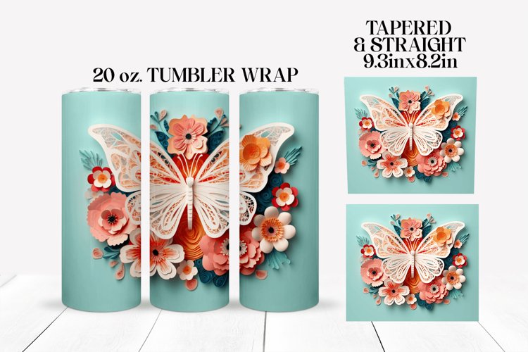 3D Floral Butterfly Tumbler Wrap Sublimation Design