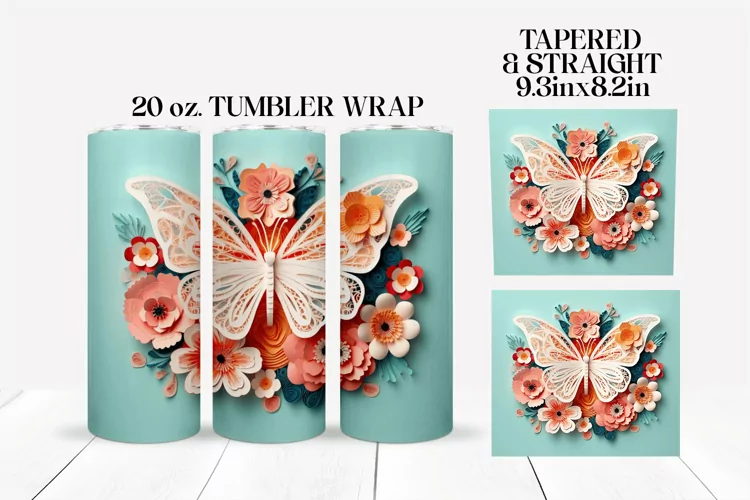 3D Floral Butterfly Tumbler Wrap Sublimation Design