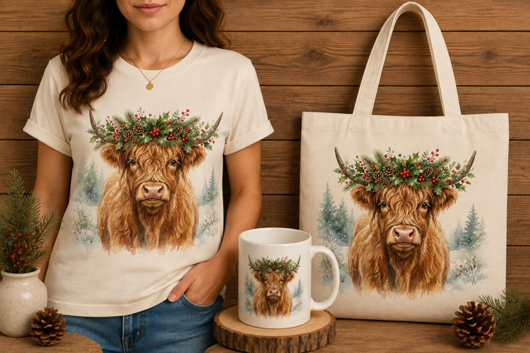 Watercolor Highland Cow Holly Berry Winter Christmas Design
