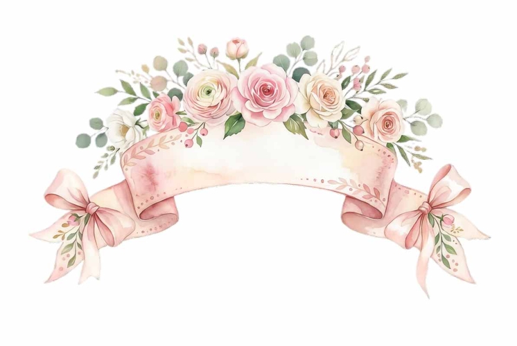 Watercolor ribbon banner with floral decoration with floral