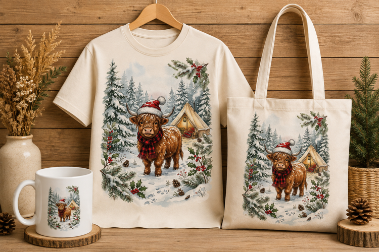 Christmas Highland Cow Winter Camping Art Print PNG