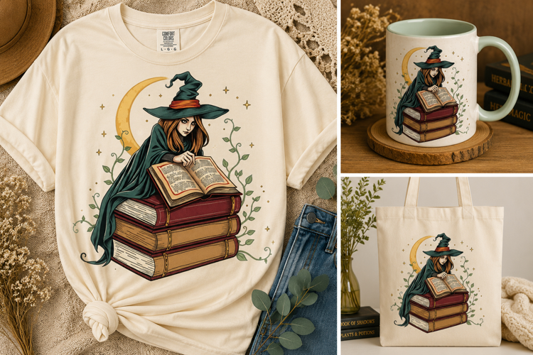 Witch Reading Books PNG | Magical Witch Halloween Clipart