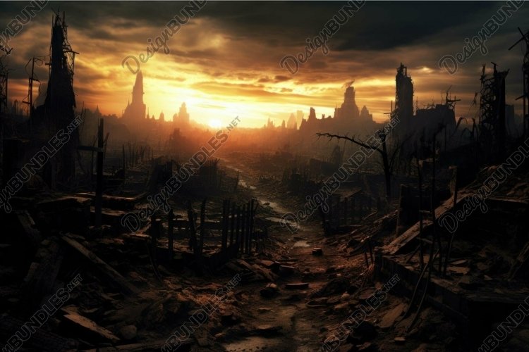 Apocalyptic sunset over ruined cityscape example image 1