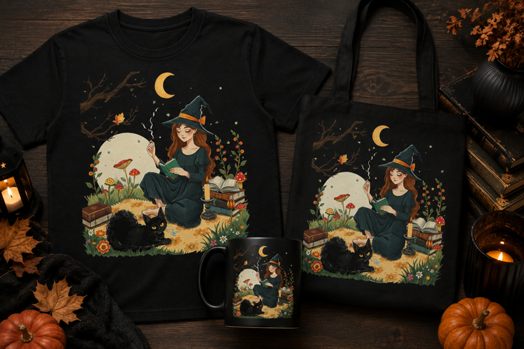 Witch Reading Book PNG | Cozy Autumn Halloween Clipart