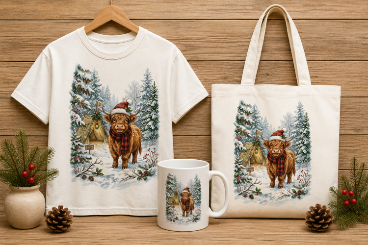 Christmas Highland Cow Camp Snowy Winter Art Print