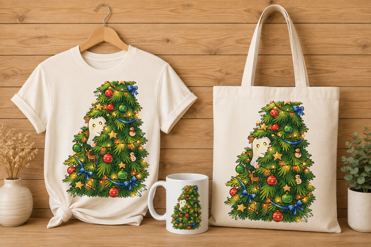 Cute Ghost Hiding in Christmas Tree Holiday Art PNG
