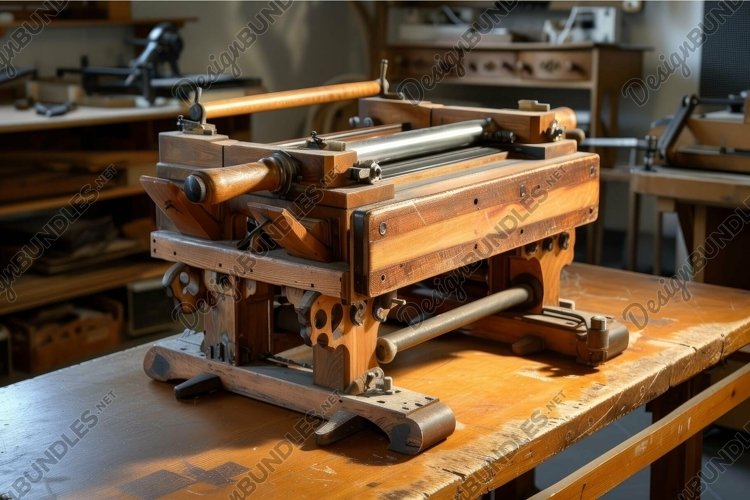 Antique wooden printing press on workshop table example image 1