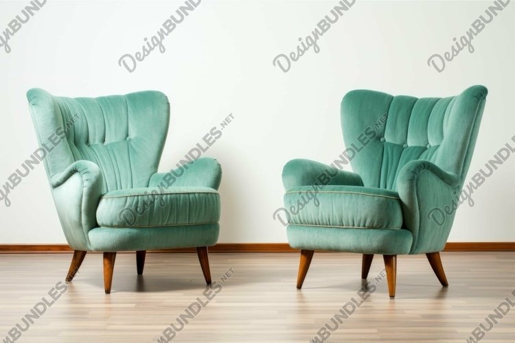 Twin vintage teal armchairs in modern interior example image 1