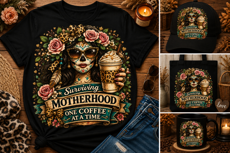 Surviving Motherhood One Coffee at a Time PNG | Funny Skull