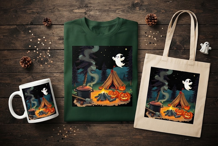 Cute Ghost Camping Halloween Design with Campfire