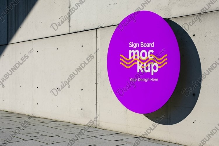 rounded Sign Board Mockup on Building Wall example image 1