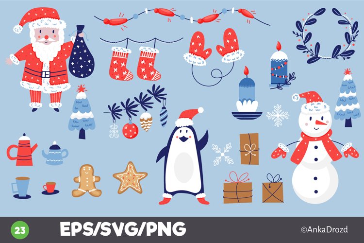 Merry Christmas set clipart. Xmas graphics Santa, Penguin example image 1
