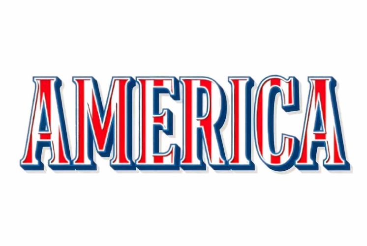 Bold word AMERICA with red and white vertical stripes