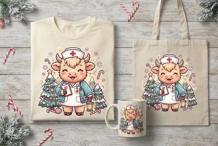Christmas Nurse Cow Cute Holiday Sticker Art