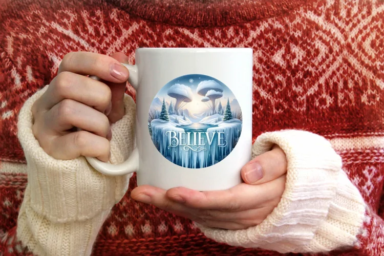 Watercolor Round Christmas Image with Winter Scene and
