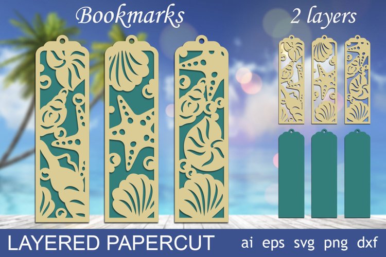 Summer layered bookmarks with seashell, Beach bookmark svg