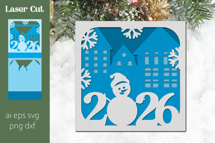 New year 2026 card, Layered papercut Christmas shadow box